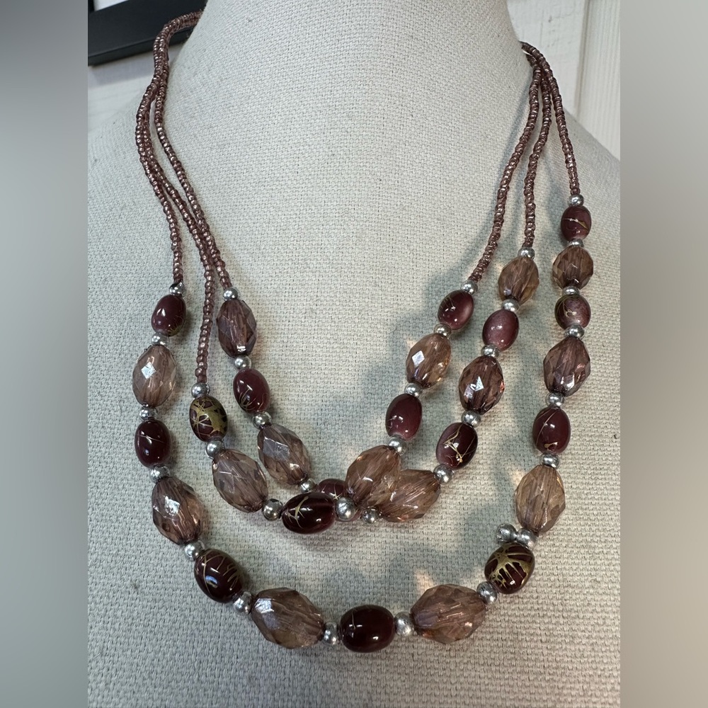 Triple strand taupe purple oblong bead necklace
